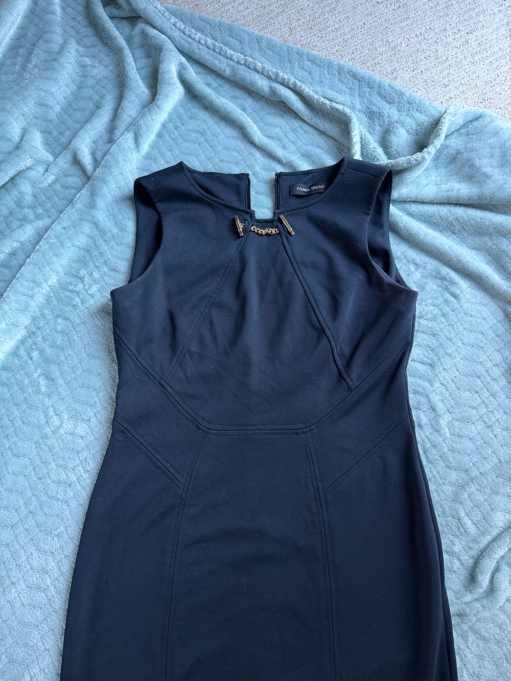 Ivanka Trump Navy Midi Sheath Dress with Gold Chain Accent